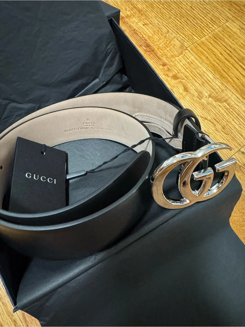 Gucci Flat Marmont Double G Black Leather Silver Buckle Belt Men’s Size 80/32